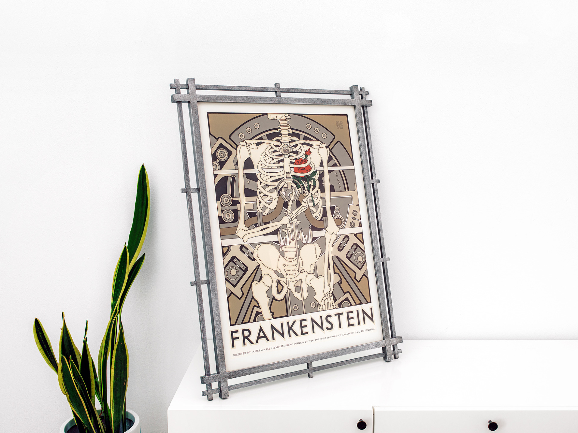 Side view of complex joined custom frame on David Lance Goines Frankenstein 1983 poster.