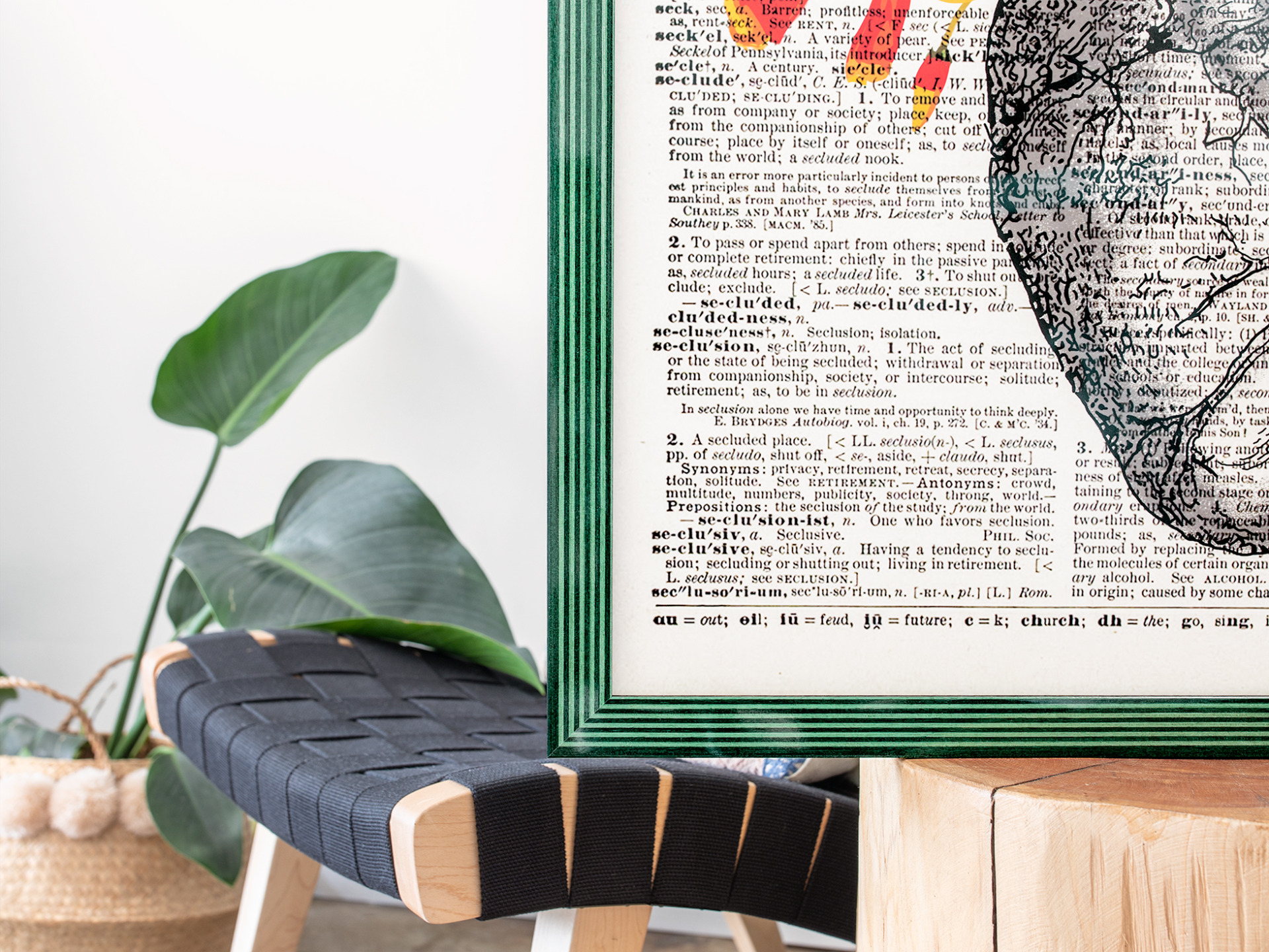 Detail of the light and dark green striped wooden inlay frame for the floral poster print.