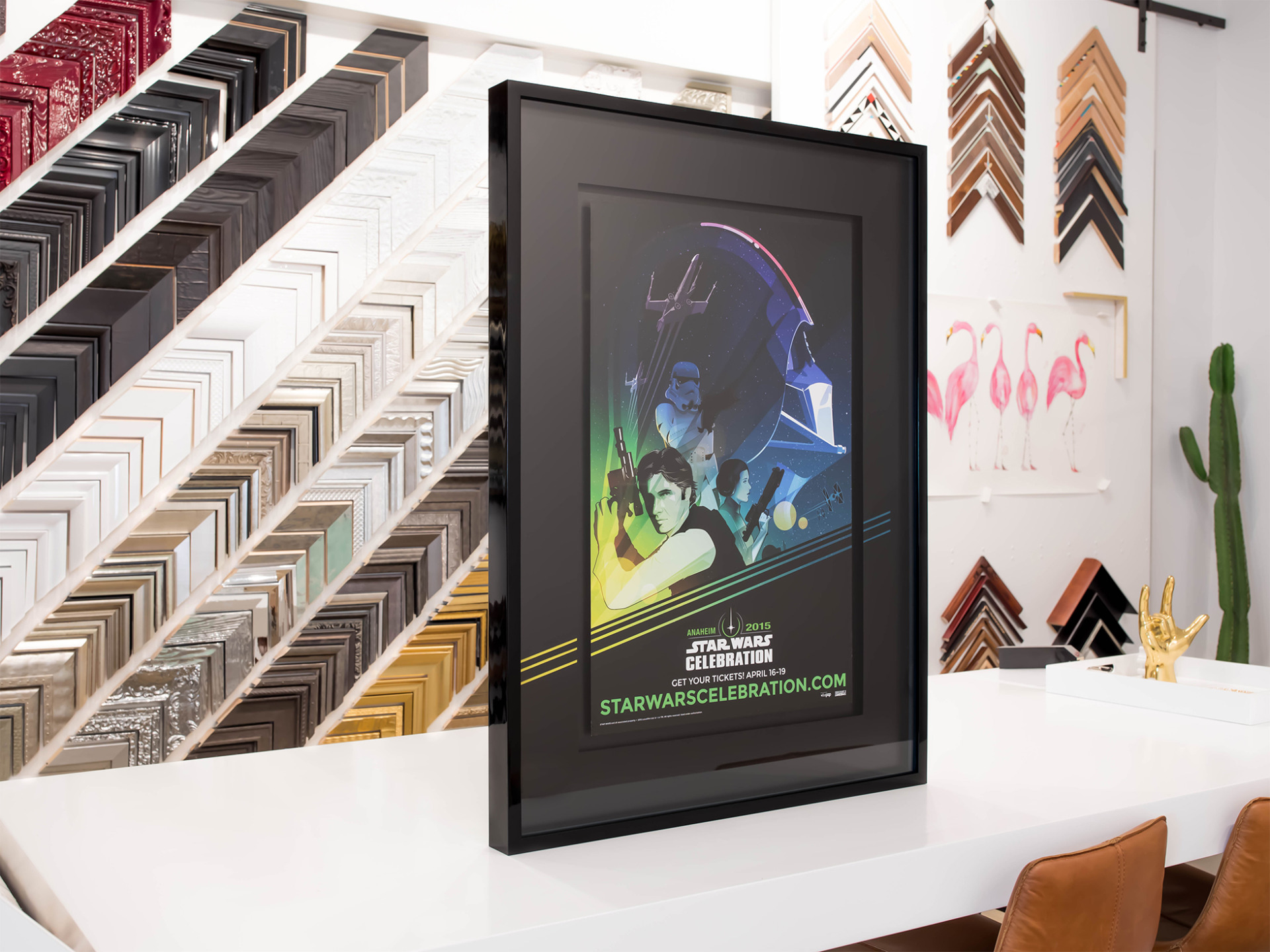 Star Wars movie poster float mounted in a shadow box frame with specialty custom mat cuts.