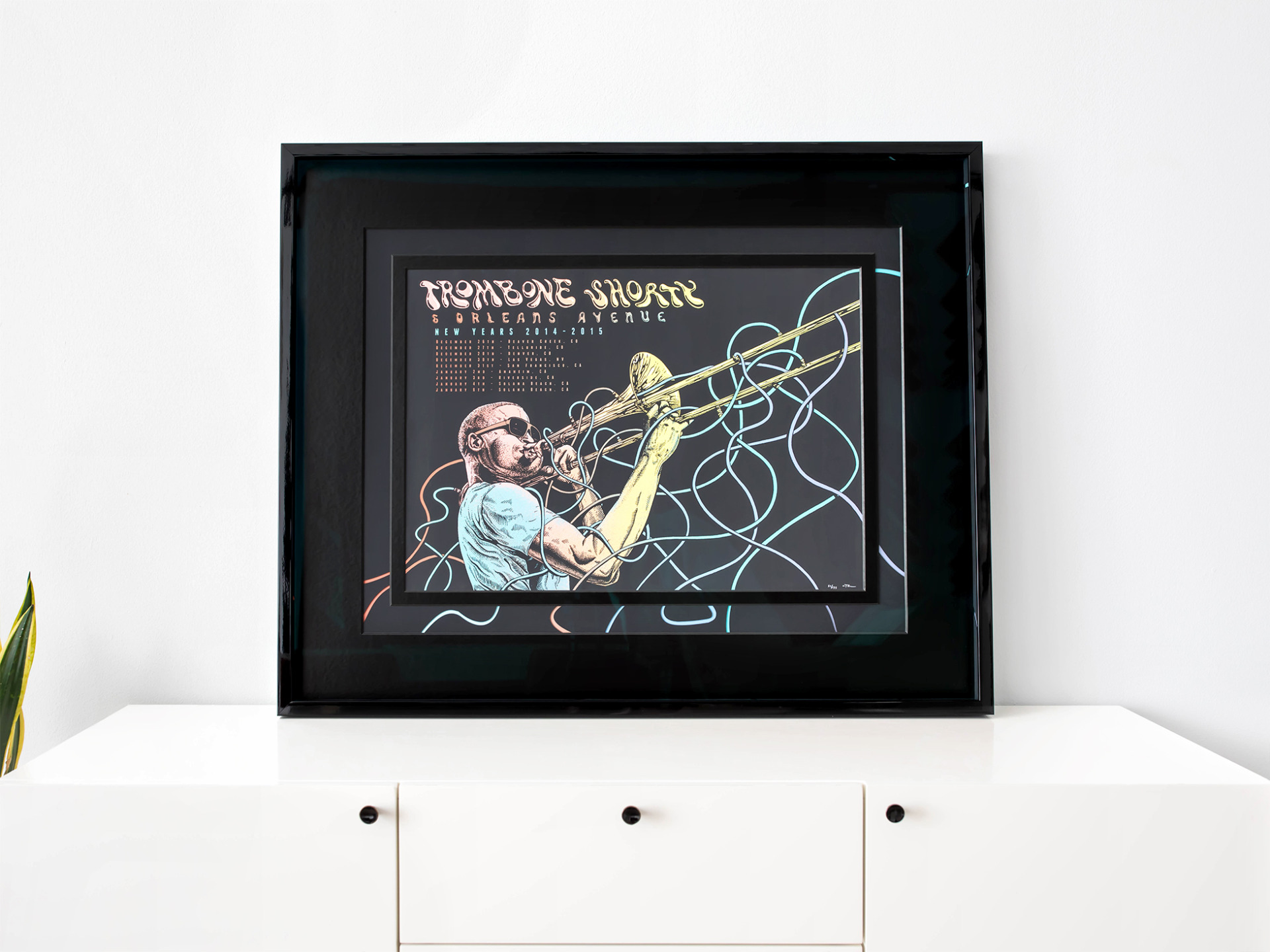 Trombone Shorty concert poster framed with specialty, custom mat cuts and a black, high gloss wood frame.