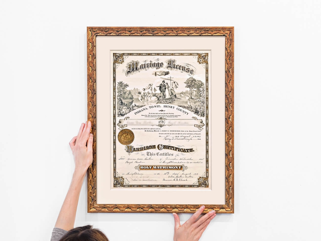 vintage marriage certificate in custom frame los angeles